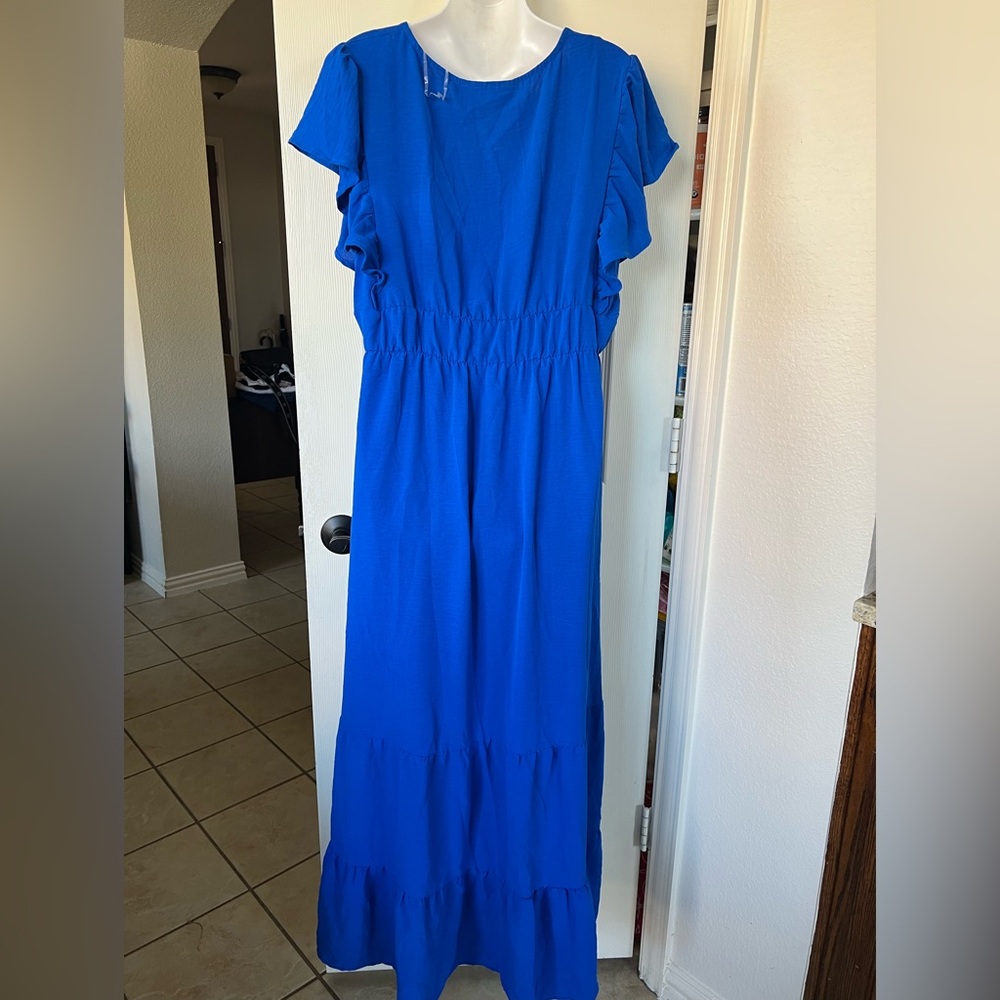 Bright Blue Ruffled Sleeve Maxi Dress - Picture 6 of 11